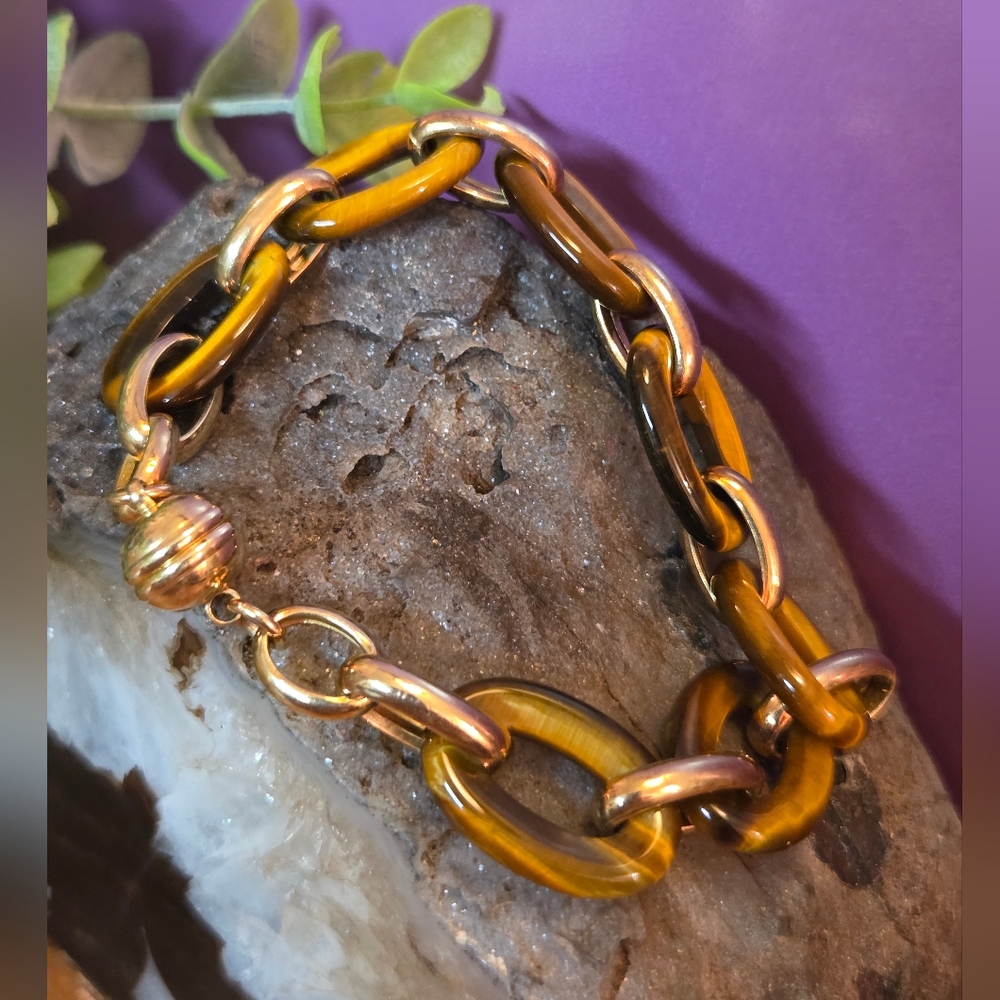Amazing Vintage 14k Gold Over Sterling Silver Genuine Tiger Eye Link Bracelet